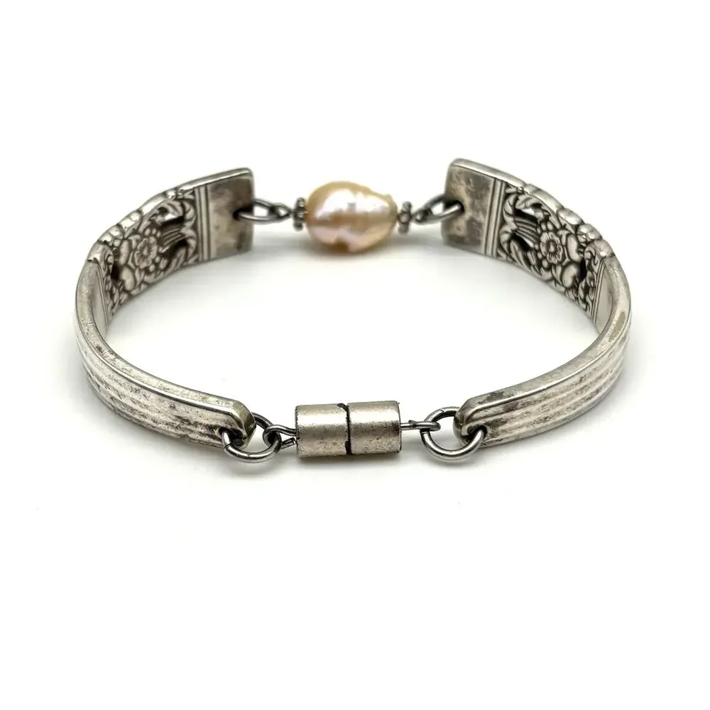 1950s Coronation Silver-plated Floral Spoon Bracelet w/ Freshwater Pearl 6.75